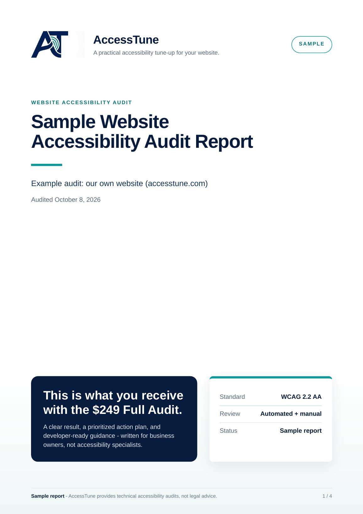 Cover preview of the AccessTune sample accessibility audit report